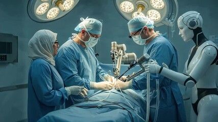 Multiethnic surgical team including muslim female surgeon wearing hijab, two male surgeons and advanced AI humanoid robot assistant performing surgery using robotic surgical system - Powered by Adobe