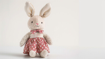 Obraz premium Soft bunny plush toy in a cute polka dot dress, perfect for kids and collectors. A delightful gift!