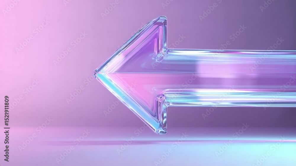 Aufkleber glass arrow:a vibrant, translucent glass arrow points left, set against a soft gradient background. 