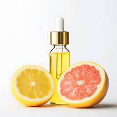 Lemon and grapefruit essential oil aromatherapy minimalistic studio bright white close-up citrus wellness