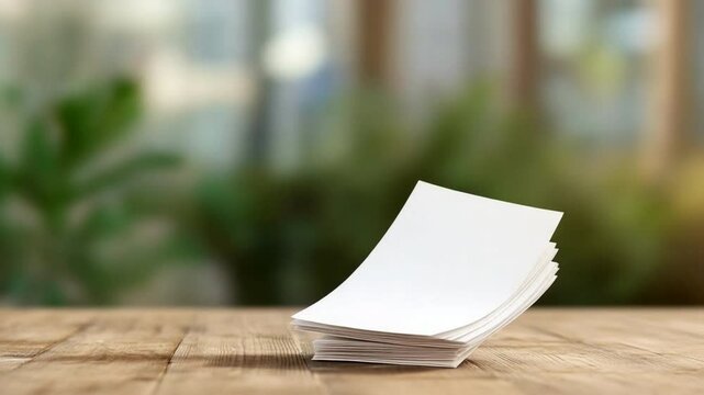 Stacked Papers on Wooden Table: A neat stack of pristine white papers, resting on a rustic wooden surface with a blurred backdrop of lush greenery and sunlight.