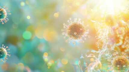 Obraz premium Virus fragment fading inside immune cell light field, microbiology, symbolic recovery representation 