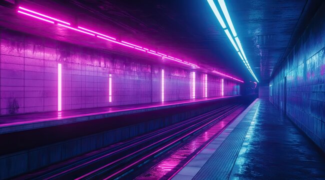 Neon-lit underground train station. A wet platform stretches into a dark tunnel, illuminated by vibrant pink and blue neon lights. Walls are textured concrete - Powered by Adobe
