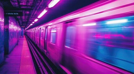 Neon-lit subway train speeding through a tunnel