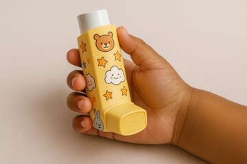 Colorful pediatric asthma inhaler with cute design held by child hand