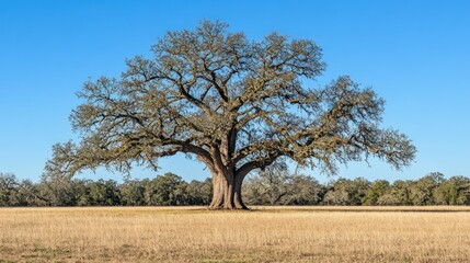 Fototapeta premium A large solitary tree stands majestically in a wide open field