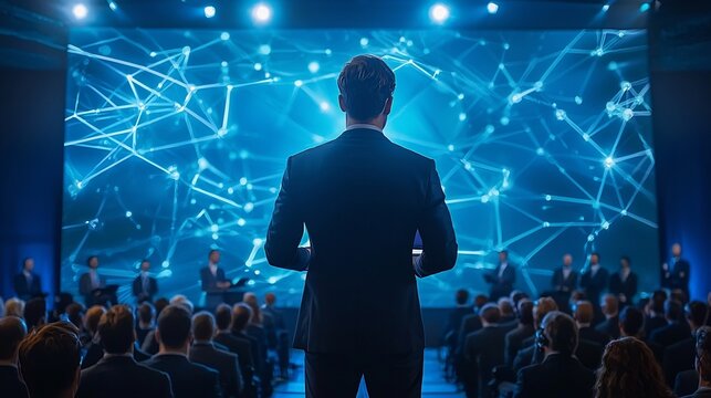 Confident businessman delivering a keynote speech at an international tech summit large audience futuristic stage design