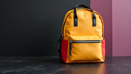A vibrant yellow and red backpack sits on a dark surface against a modern, color-blocked background.