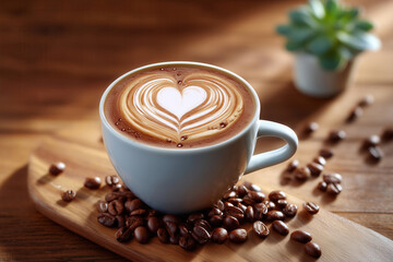 Coffee beans swirl into a latte art heart, creating a warm cozy atmosphere. Wooden tabletop setting with natural light enhances the inviting feel. Concept of cafes, coffee shops, hospitality
