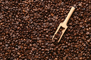 Wooden scoop on roasted coffee beans