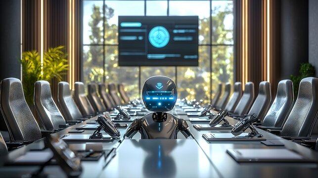 Corporate boardroom with AI driven assistants managing business operations efficiently