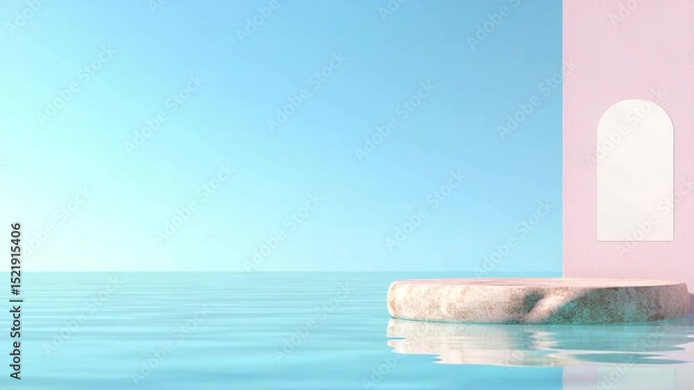 Poster minimalist beauty: soft pastel shades of serene water gently lap against a textured stone platform, 