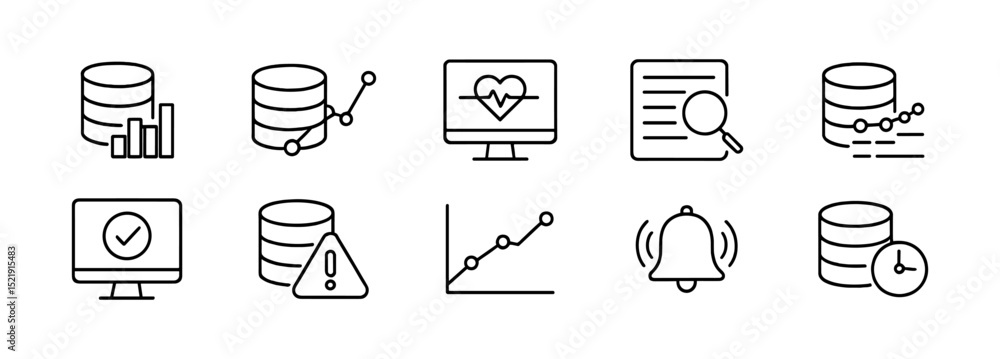 Poster data analysis line icon set. monitoring, database, alert outline icons collection