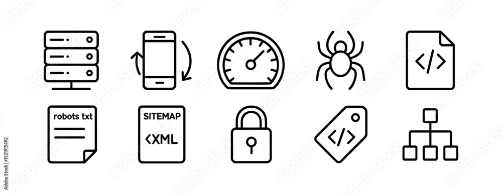 Aufkleber seo and web development icon set. sitemap, xml, and robots in outline style