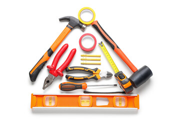 Different construction tools on white background