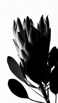 High contrast monochrome photo of a Protea flower with leaves against a white background, with dramatic lighting and minimalistic composition.