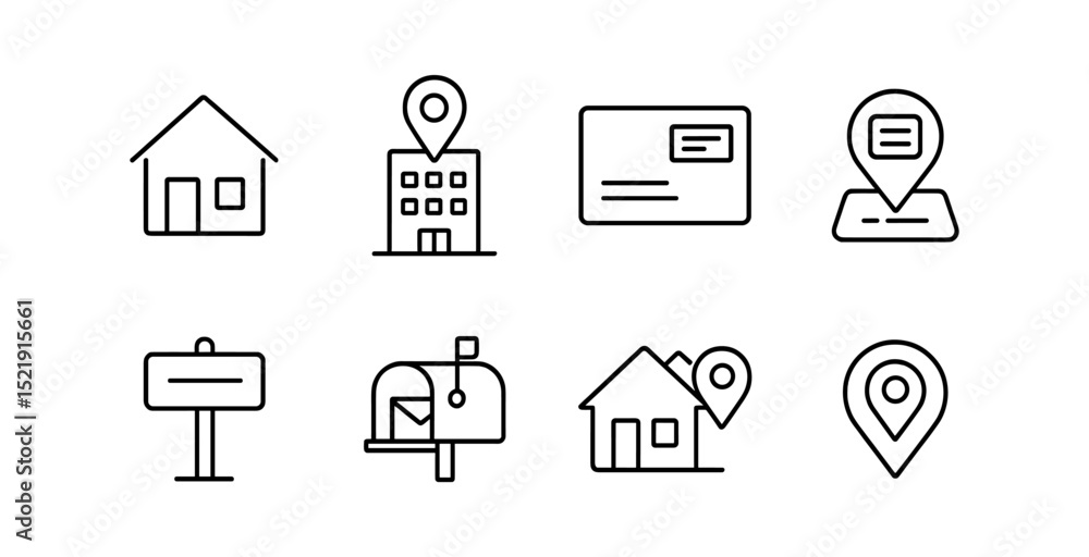 Poster location, navigation line icon set. map pointer, address, direction symbols
