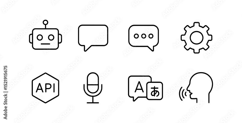 Aufkleber technology and communication outline icon set. chat, robot, api icons linear collection