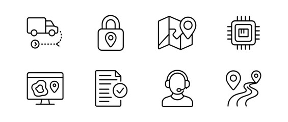 Fototapeta premium Navigation and security outline icon set. location, map, delivery, and lock symbols