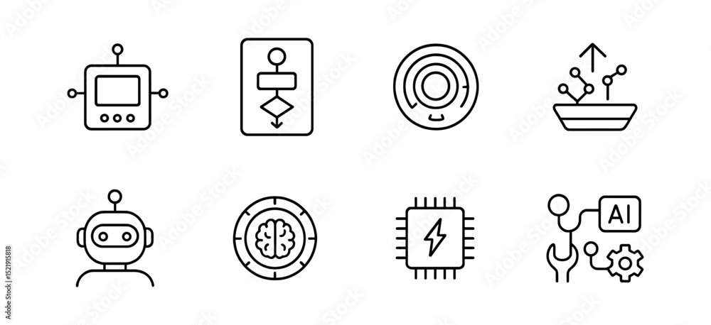 Poster artificial intelligence, robotics line icon set. technology, circuit, ai collection