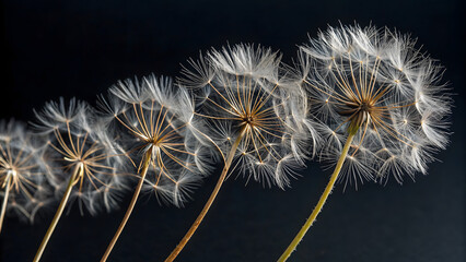 Closeup of lightweight pappus of dandelion placed in row on Dar background.