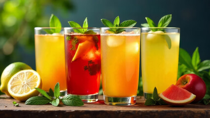 Fototapeta premium Four colorful summer drinks in glasses with mint leaves. Fresh fruits like lemon, apple, and grapefruit are placed nearby. Bright and refreshing summer vibe.