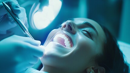 Cosmetic dentist performing professional teeth whitening procedure futuristic dental clinic modern aesthetics close up of whitening gel application on enamel a patients joyful reaction post treatment