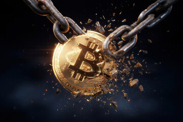 Bitcoin bursts through chains in dramatic lighting, showcasing a sense of freedom. Dark background adds intensity, highlighting the coin's powerful imagery