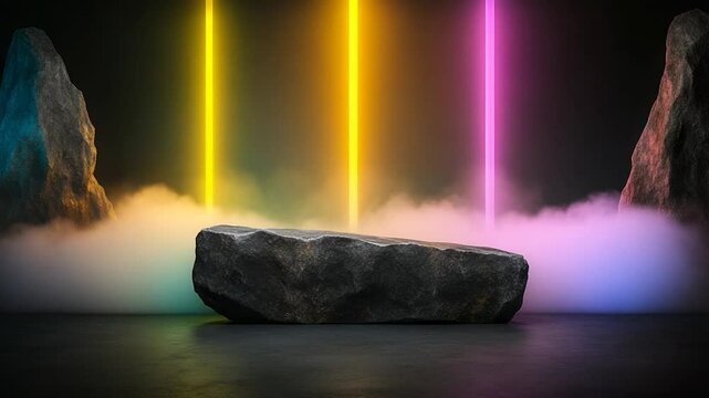 Neon Lights Illuminate Dark Rock Formation