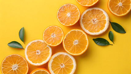 Obraz premium Set of beautiful wallpaper with sliced oranges on bright yellow background.