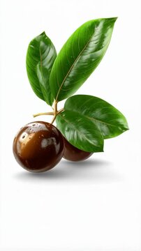 Fresh lucuma fruits with vibrant green leaves against a bright white background, showcasing the exotic fruit and its natural beauty.