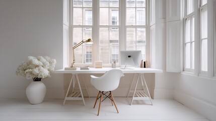 Elegant minimalist workspace with white decor and natural light ambiance, perfect for design