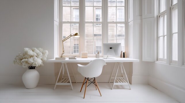 Elegant minimalist workspace with white decor and natural light ambiance, perfect for design