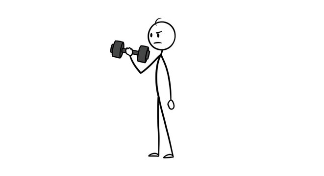 Determined Stick Figure Bicep Curl with Dumbbell on White Backgr
