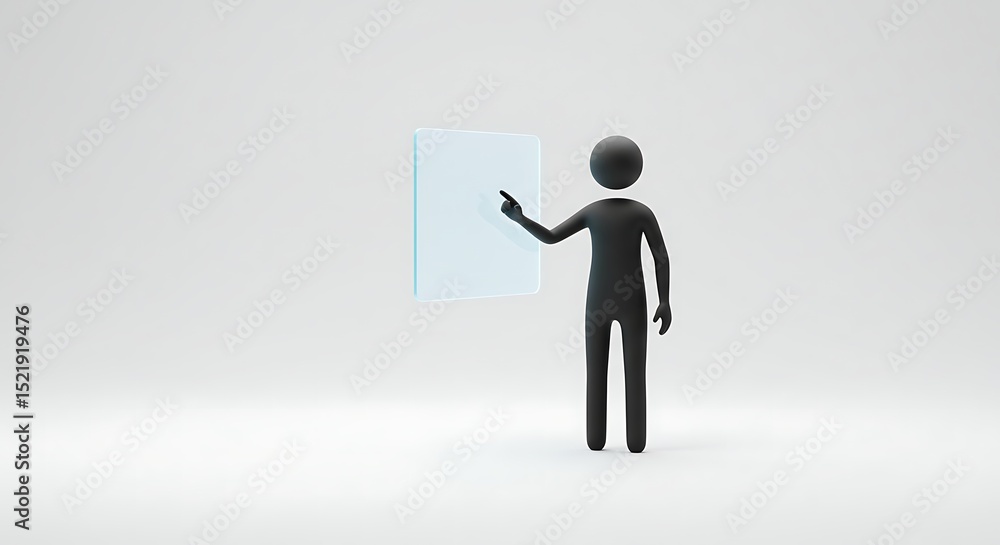 Poster minimalist figure interacting with a transparent interface on wh