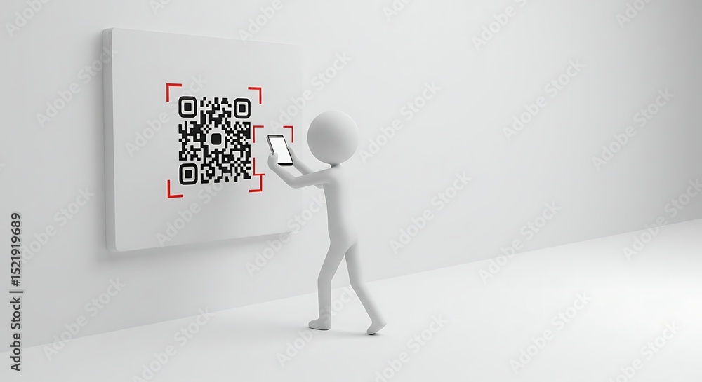 Poster minimalist stick figure scanning qr code with smartphone in brig