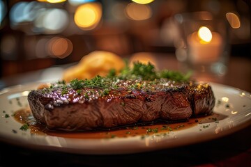 Succulent steak served on a white plate, garnished with herbs, accompanied by a side dish, illuminated by a candle and bokeh lights in a restaurant setting ambiance .