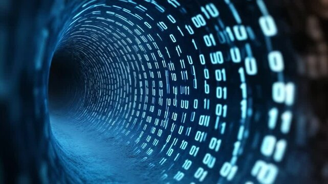 Digital Data Stream: A captivating display of binary code flowing through a digital tunnel, evoking a sense of innovation and technological advancement. 