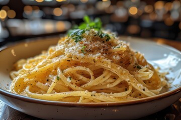 A plate of pasta with parmesan cheese and herbs