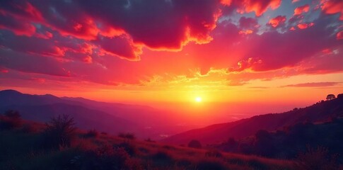 Fototapeta premium Stunning panoramic view of a vibrant sunset sky, filled with fiery oranges, deep reds, and soft pinks Perfect for travel, nature, and inspirational projects , orange, dramatic