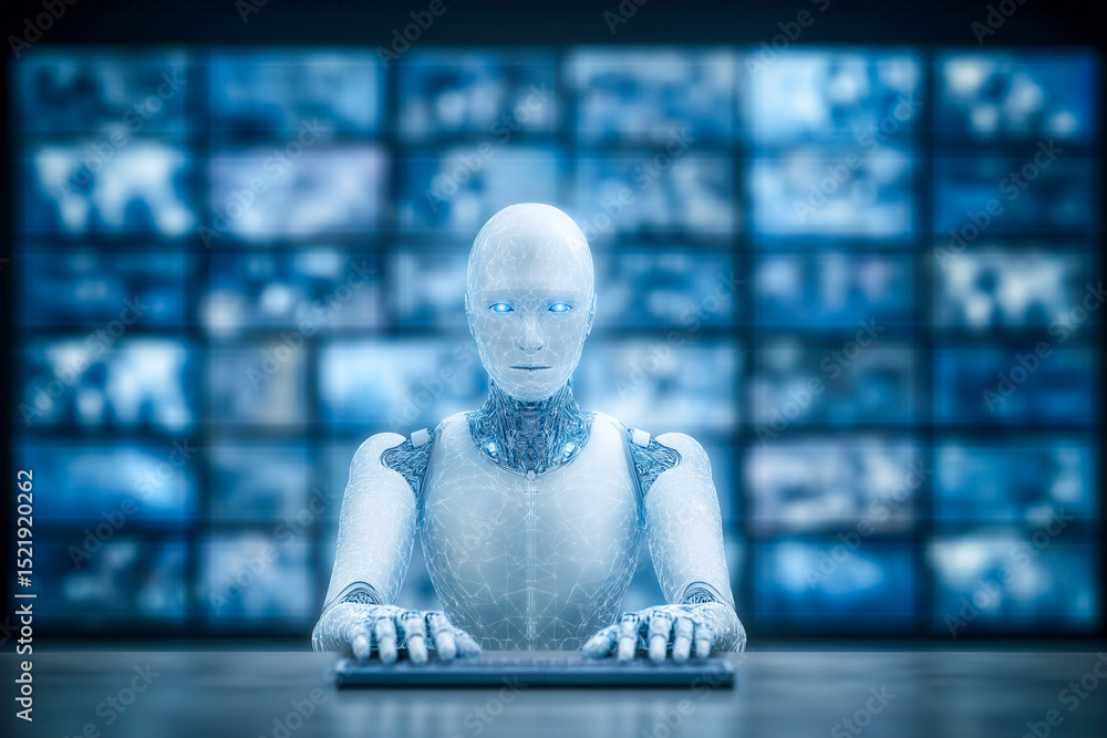 Poster robot worker engaging with multiple transparent holographic screens displaying data. sleek blue ligh