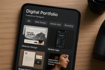 The essence of modern digital creativity is encapsulated within this meticulously designed mobile interface, showcasing a freelancer's online portfolio with an emphasis on web design.