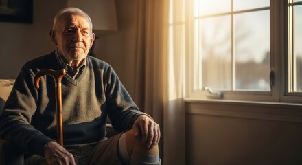 Fototapeta premium Elderly man reflecting in warm sunlight during disability pride month