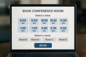 A sleek, modern laptop displays an intuitive conference room booking interface. The screen shows a clean design, presenting time slots and room options, ready to streamline the booking process. 