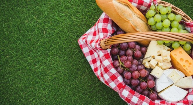 Celebrating national picnic month with fresh fruits cheese and bread basket on green grass - Powered by Adobe
