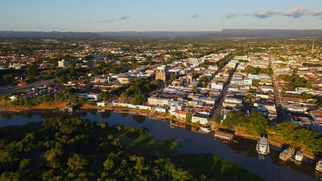 Aerial View of Caceres City in Mato Grosso by the Paraguay River, Brazil