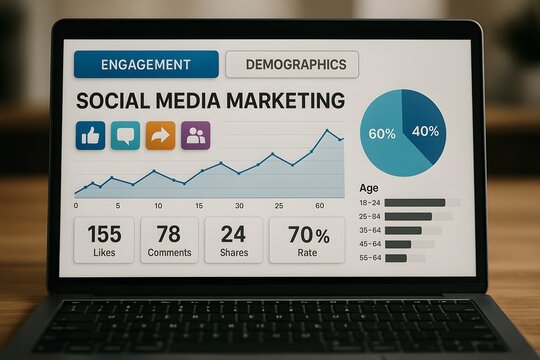 Close up of a modern laptop displays an engaging social media marketing dashboard, filled with charts and metrics. Showing digital analytics in a business.