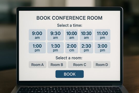 A sleek, modern laptop displays an intuitive conference room booking interface. The screen shows a clean design, presenting time slots and room options, ready to streamline the booking process. 