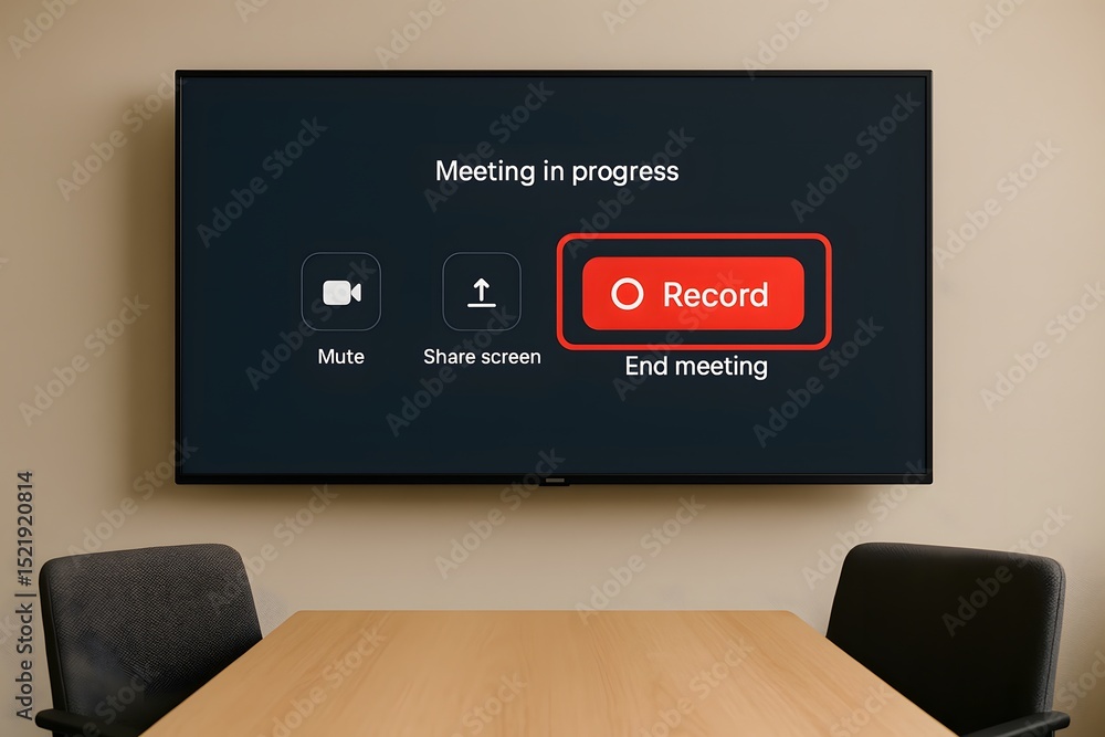 Poster a meeting is in progress as displayed on a modern screen with the record button highlighted, conveyi
