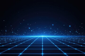 Dark blue gridded background with thin white lines creating depth, floating light particles, glowing futuristic lights from bottom to upper left, clean digital sci-fi design with space for text